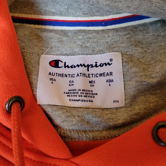 Champion Powerblend Fleece Camo Camouflage Orange Hoodie Sweatshirt Script Logo - Picture 12 of 15
